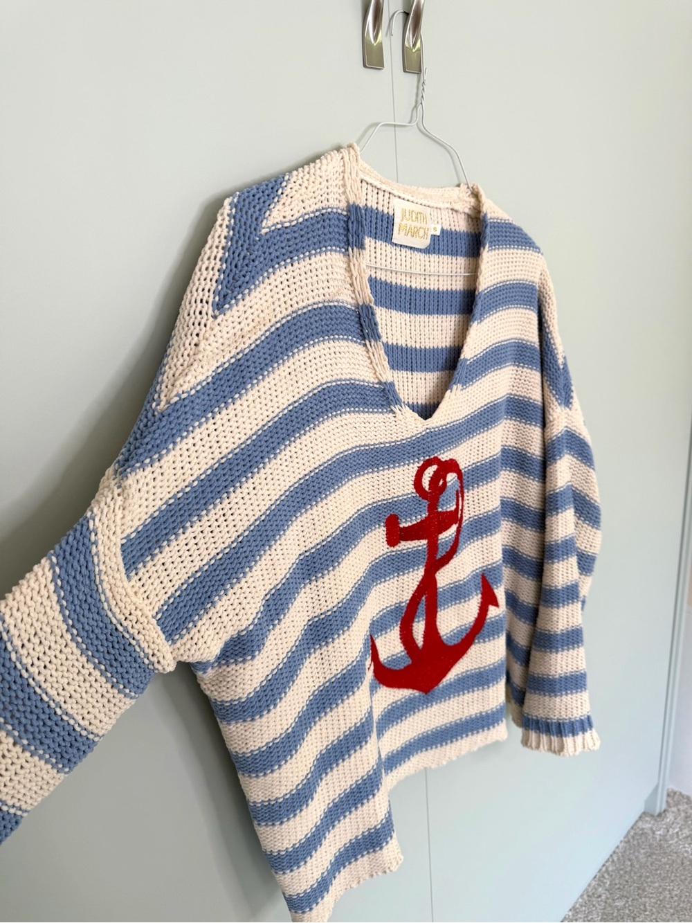 JUDITH MARCH Sail My Way Embroidered Anchor Striped Chenille Sweater - Picture 6 of 9